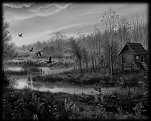 болото, дом, птицы - картинки для гравировки